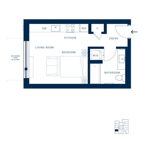 Floor plan for studio, 1 bath, 383 sqft
